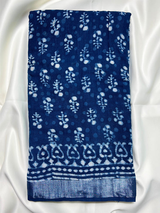 Indigo Jaal Sanganeri Linen Saree