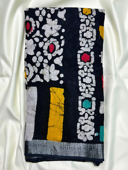 Black Batik Linen Saree