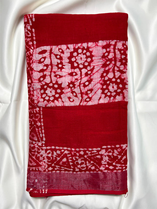 Red Batik Linen Saree