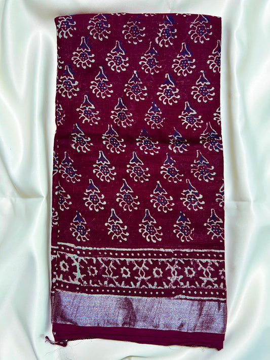 Maroon Jaal Sanganeri Linen Saree