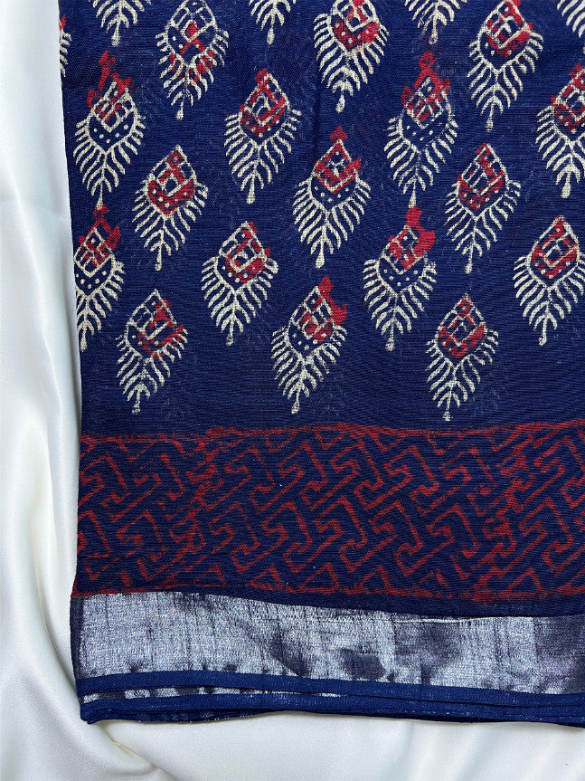 Blue Feather Sanganeri Linen Saree