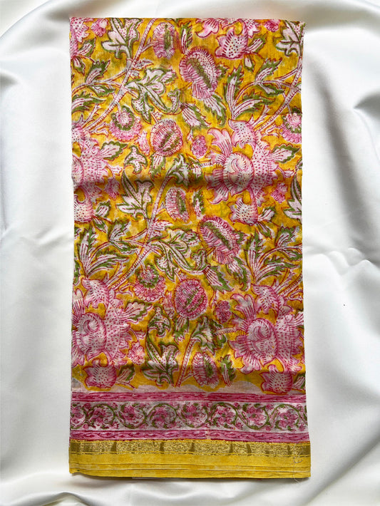 Yellow Pink Sanganeri Chanderi Silk Saree