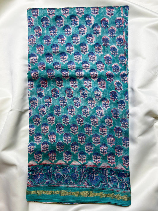 Turquoise Dabu Chanderi Silk Saree