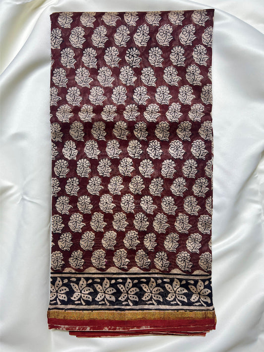Maroon Dabu Chanderi Silk Saree
