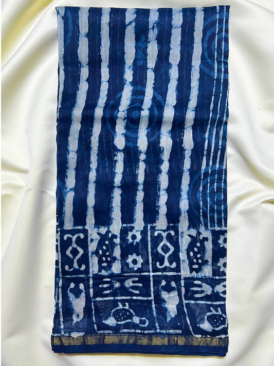 Indigo Ajrak Chanderi Silk Saree