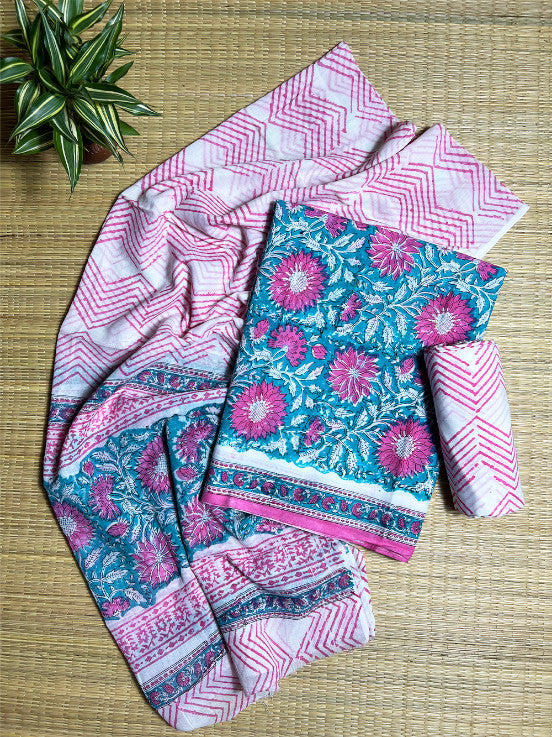 Turquoise Floral Kalamkari 3 Piece Cotton Set