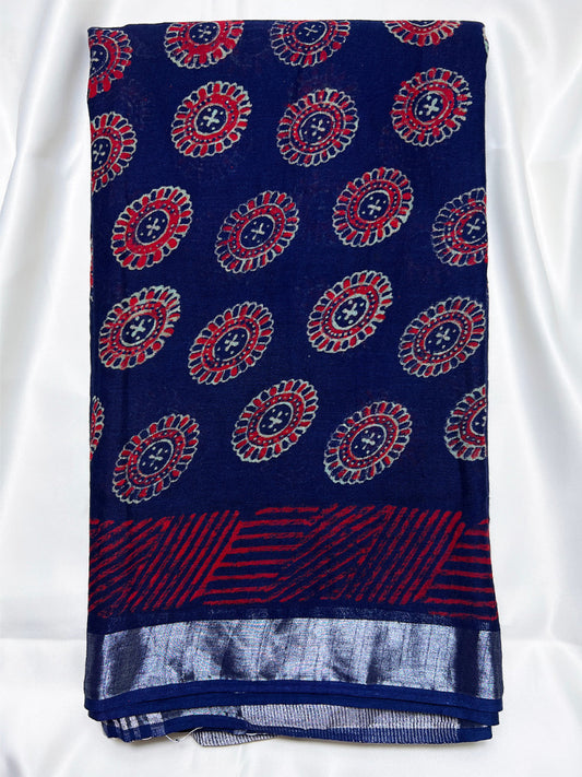 Blue Geometry Kalamkari Linen Saree