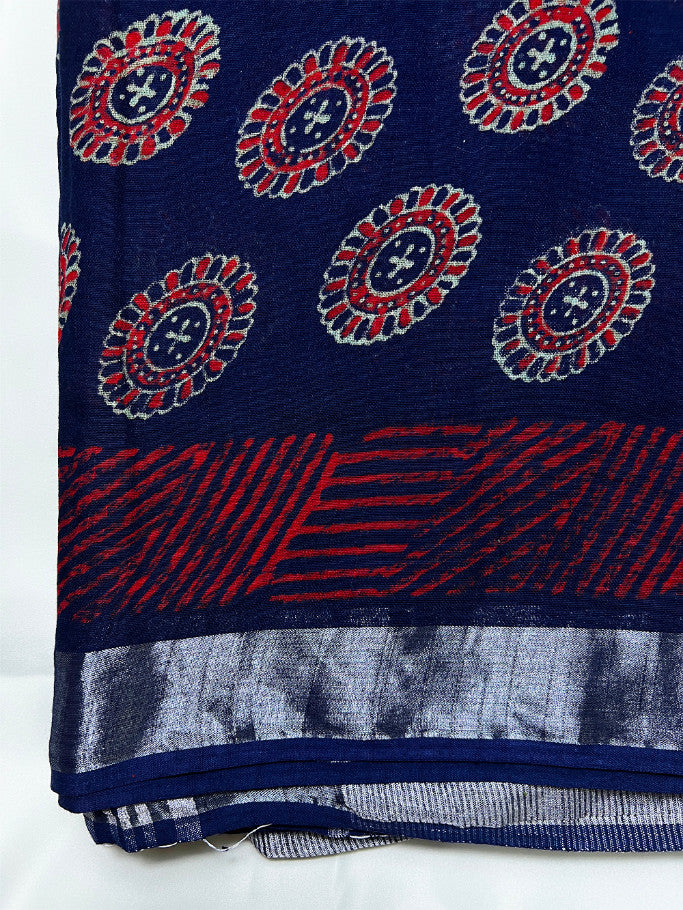 Blue Geometry Kalamkari Linen Saree