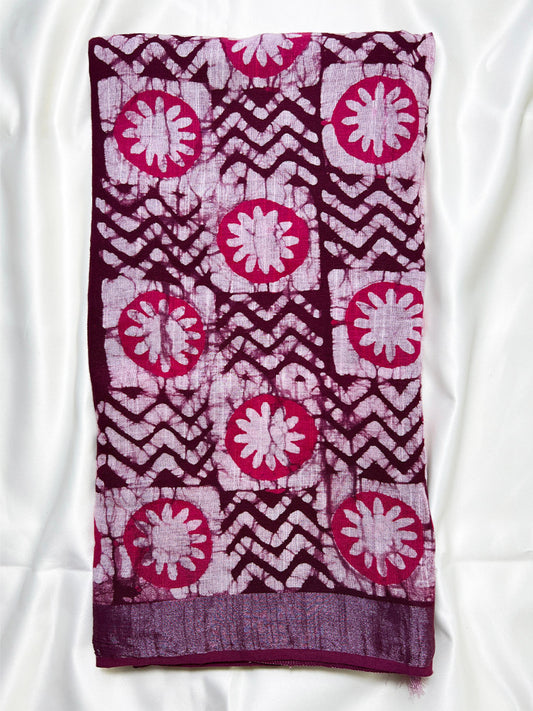 Maroon Batik Linen Saree