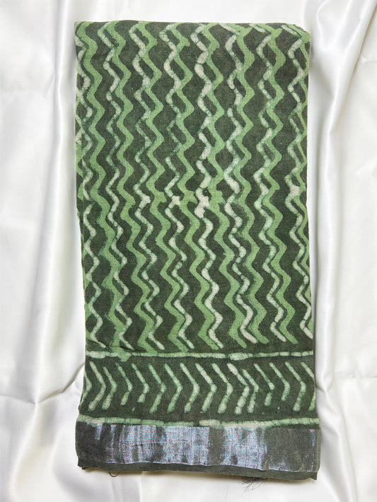 Green Leheriya Dabu Linen Saree