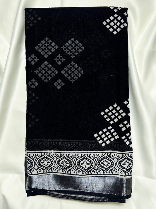 Black Geometry Kalamkari Linen Saree