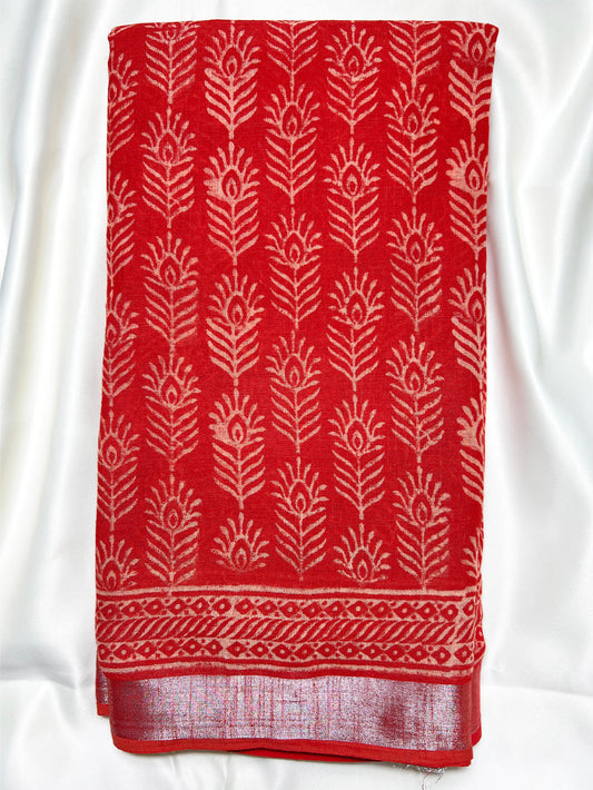 Red Feather Sanganeri Linen Saree