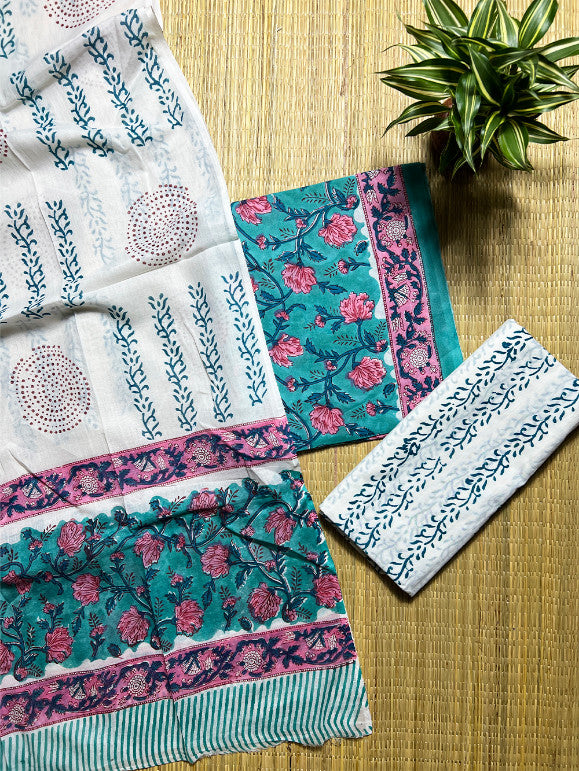 Turquoise Blue Floral Sanganeri 3 Piece Cotton Set