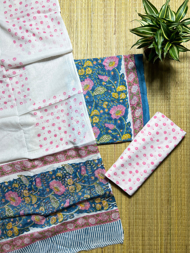 Blue Floral Jaal Kalamkari 3 Piece Cotton Set