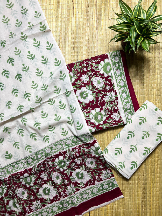 Maroon Jaal Kalamkari 3 Piece Cotton Set