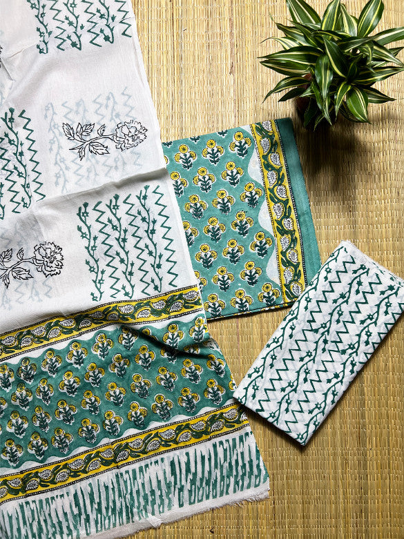 Sea Green Butti Dabu 3 Piece Cotton Set