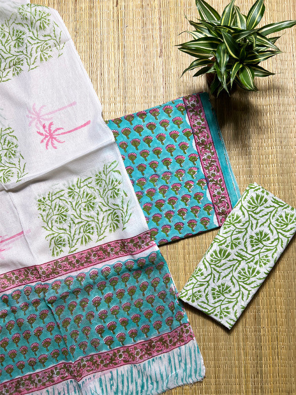 Turquoise Blue Butti Dabu 3 Piece Cotton Set