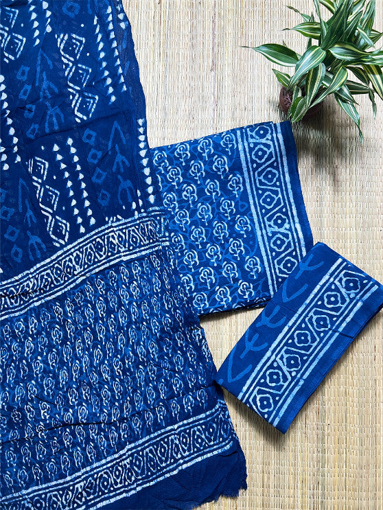 Indigo Motifs Ajrak 3 Piece Chiffon Set