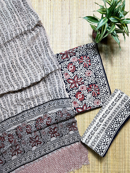 Black Beige Kalamkari 3 Piece Chiffon Set