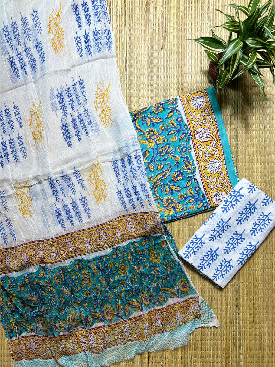 Turquoise Blue Jaal Sanganeri 3 Piece Chiffon Set