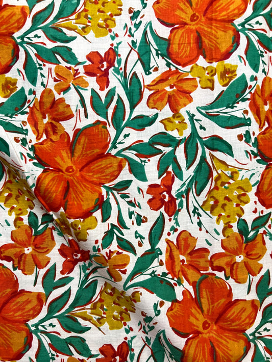 Orange White Sanganeri Floral Jaal Cotton Fabric