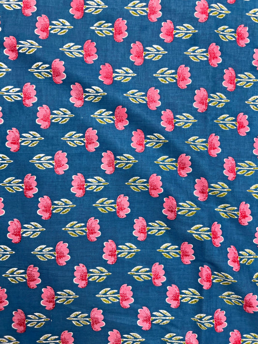 Blue Dabu Floral Butti Cotton Fabric