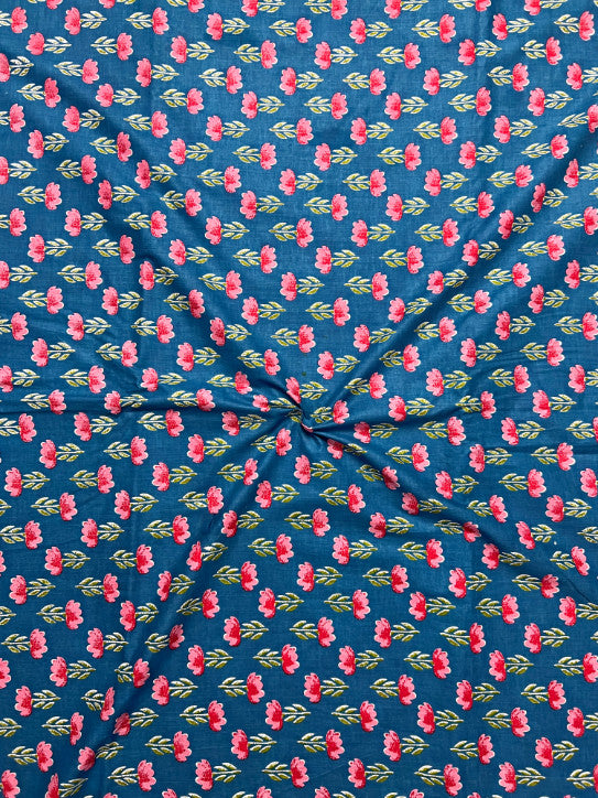 Blue Dabu Floral Butti Cotton Fabric