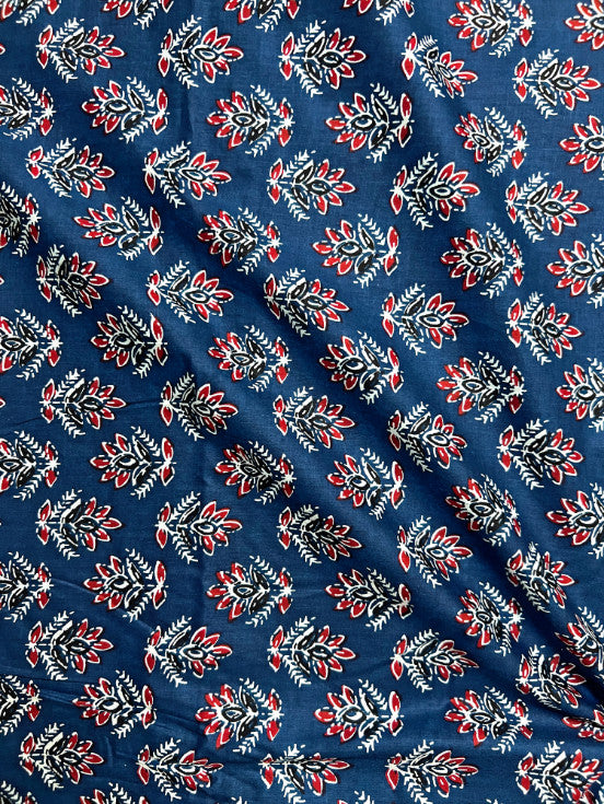 Indigo Ajrak Floral Butti Cotton Fabric