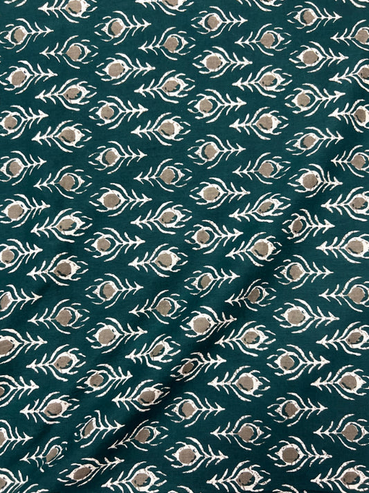 Green Dabu Feathers Cotton Fabric