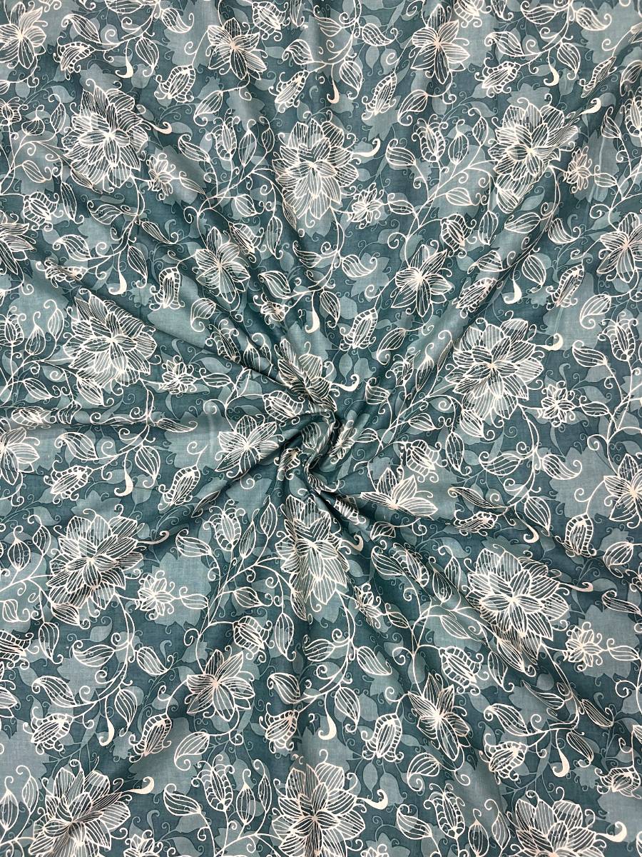 Blue Grey Sanganeri Floral Jaal Cotton Fabric