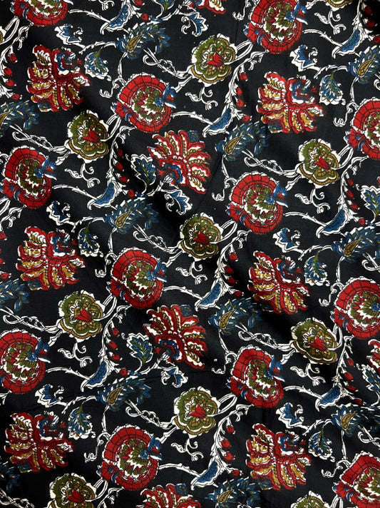 Black Kalamkari Floral Jaal Cotton Fabric