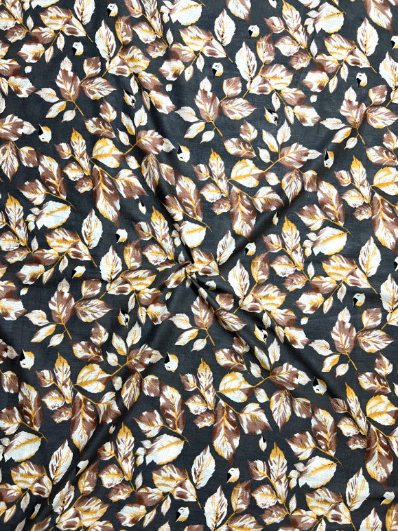 Grey Brown Sanganeri Leaf Cotton Fabric