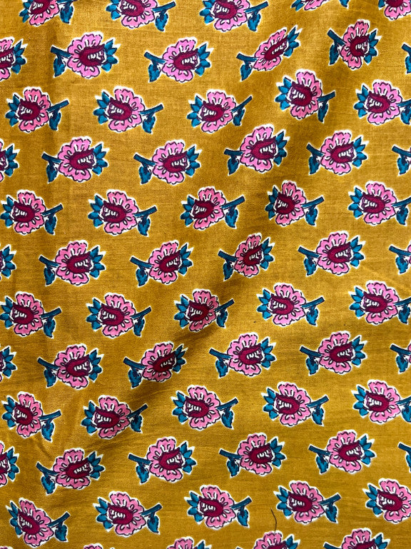 Mustard Dabu Floral Butti Cotton Fabric