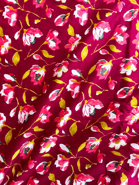 Maroon Sanganeri Floral Jaal Cotton Fabric