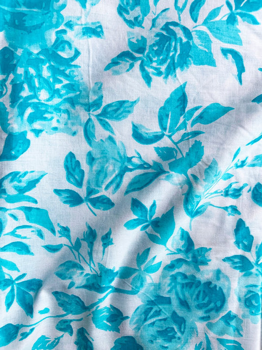 White Blue Sanganeri Rose Cotton Fabric