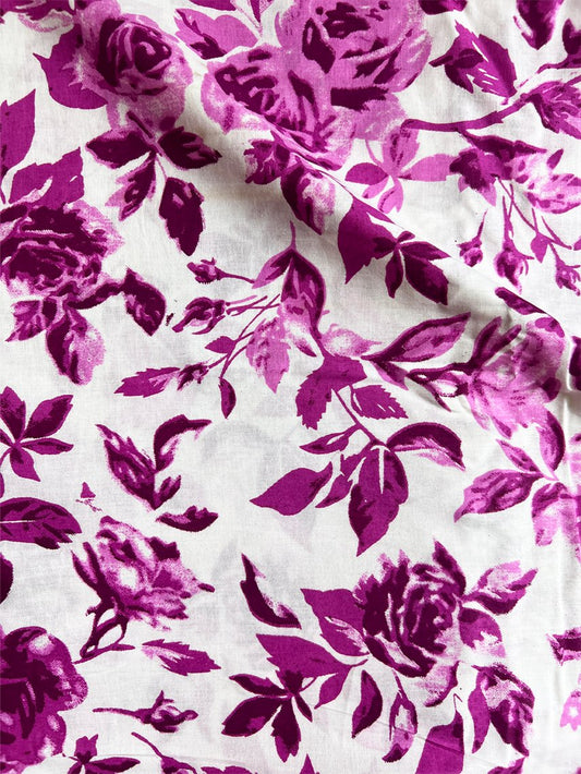 White Purple Sanganeri Rose Cotton Fabric