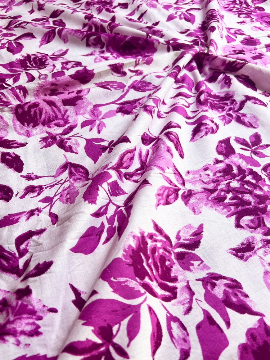 White Purple Sanganeri Rose Cotton Fabric