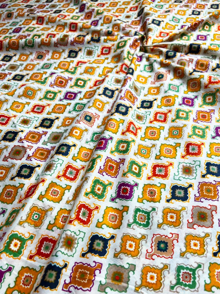 Beige Ajrak Mughal Wall Design Cotton Fabric