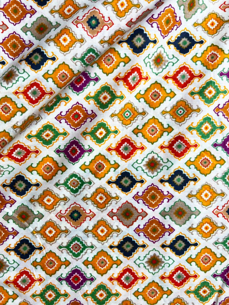 Beige Ajrak Mughal Wall Design Cotton Fabric