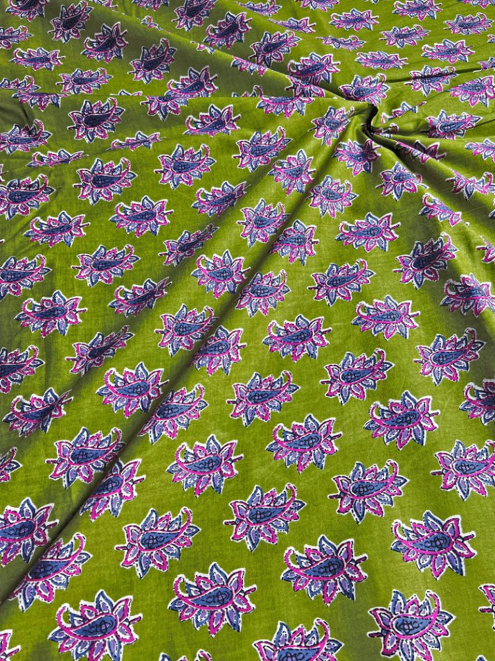 Green Dabu Motifs Cotton Fabric