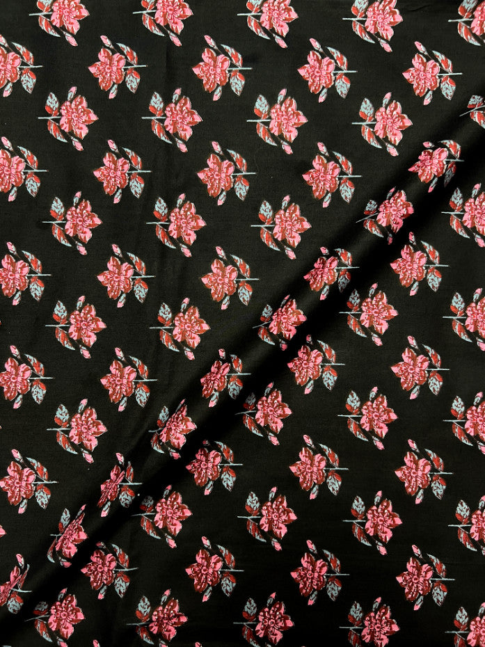 Black Dabu Flower Butti Cotton Fabric