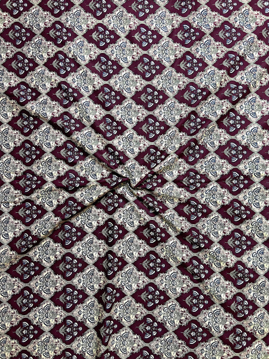 Maroon White Kalamkari Mughal Wall Cotton Fabric