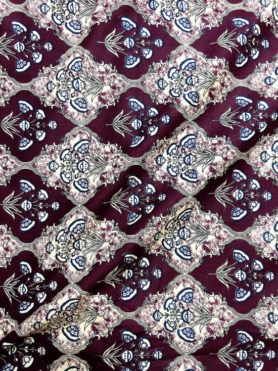 Maroon White Kalamkari Mughal Wall Cotton Fabric