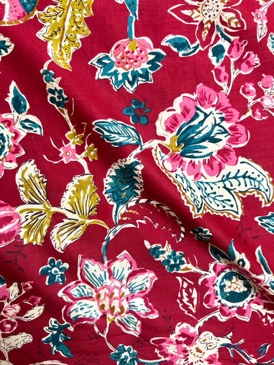 Red Sanganeri Floral Jaal Cotton Fabric