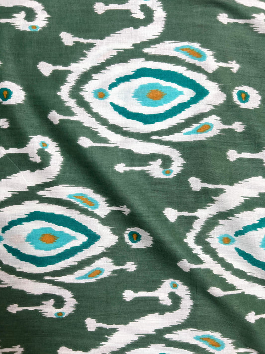Green Blue Ikat Motifs Cotton Fabric