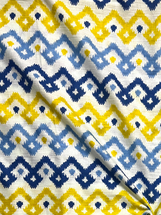 Yellow Blue Ikat Pattern Cotton Fabric