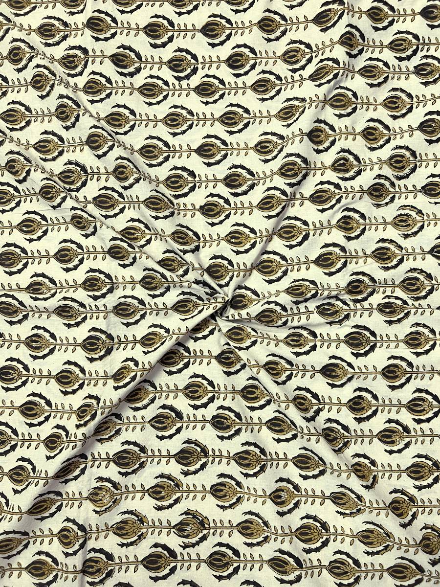 Beige Ajrak Floral Border Cotton Fabric