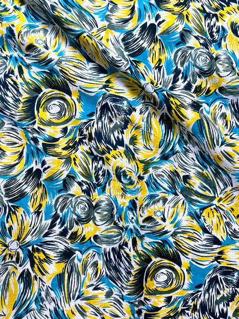 Blue Yellow Kalamkari Abstract Cotton Fabric