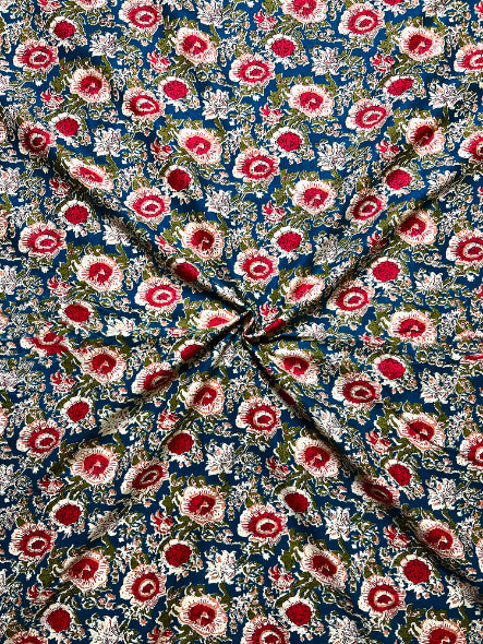 Blue Magenta Kalamkari Floral Cotton Fabric