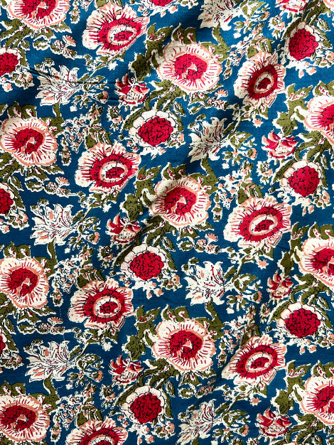 Blue Magenta Kalamkari Floral Cotton Fabric